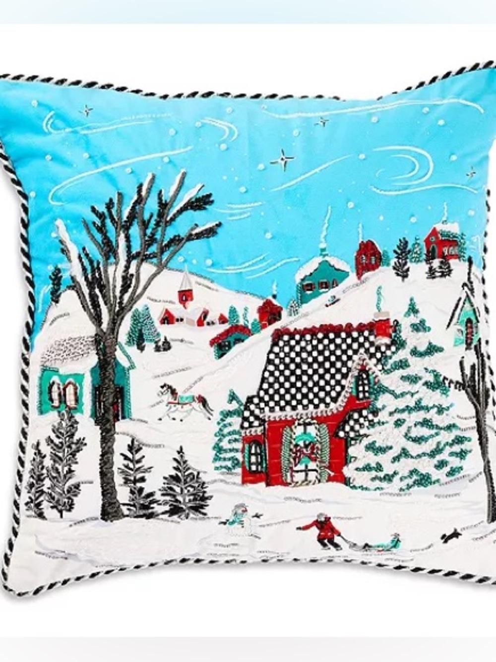 NWT MacKenzie Childs Holiday Winter Alpine Village Scene Pillow, 20 x 20 Embroid